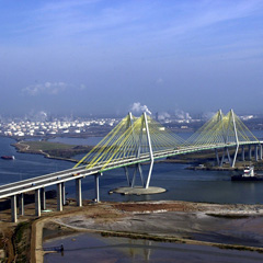 Aerial view of Houston's Fred Hartman Bridge